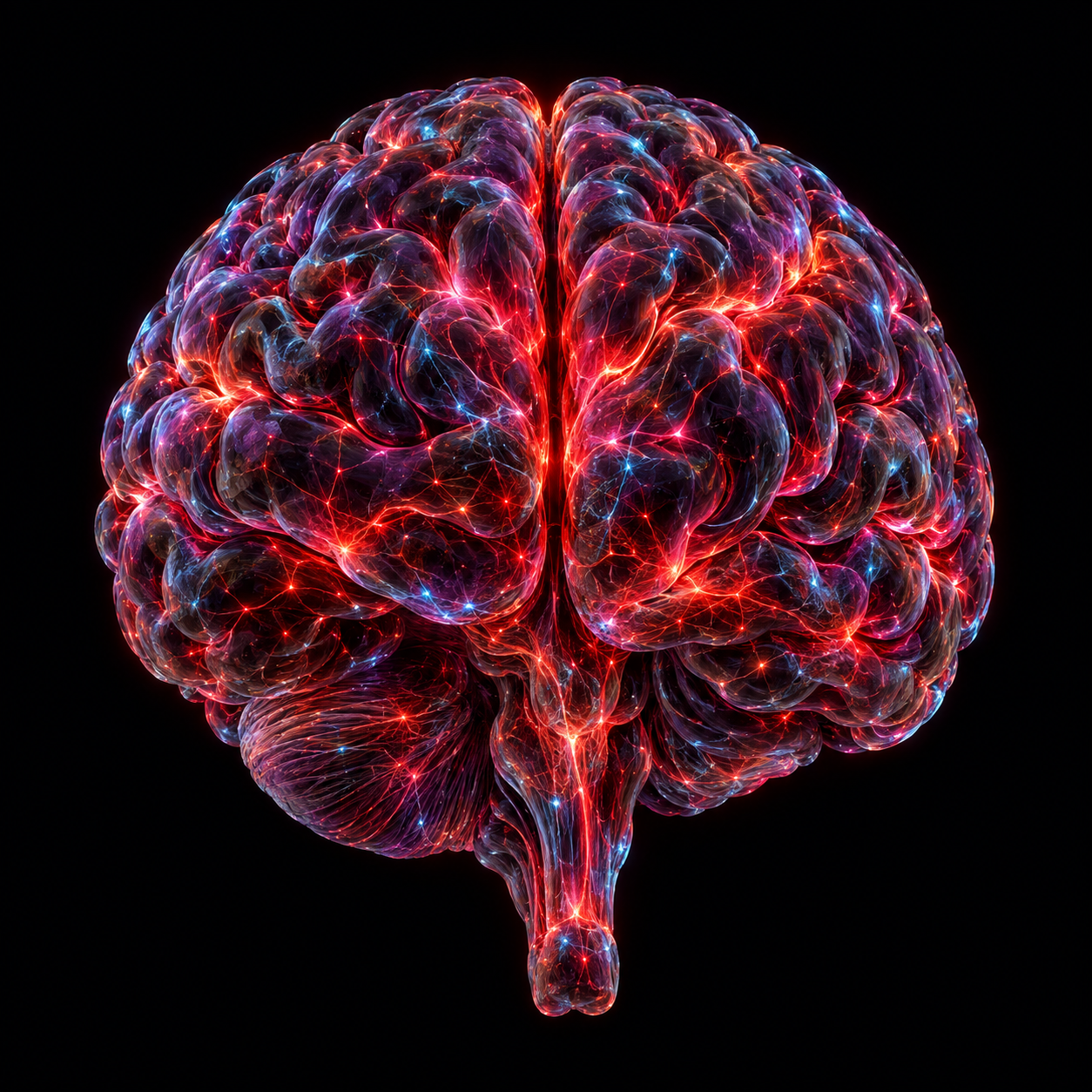 A floating glass brain glowing with scarlet neural pathways and violet depths